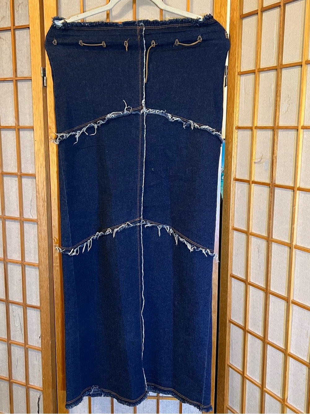 Vintage 90s Y2K R4R Raw Hem Denim Maxi Skirt Frayed Lace Up S